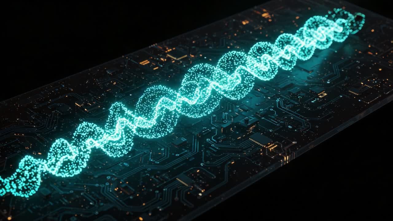 A Stunning Visual of a Futuristic Circuit Board with Flowing Wave Patterns Illuminated in Vibrant Cyan against a Dark Background, Symbolizing Advanced Technology and Data Flow