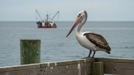 a calm waterfront scene featuring a pelican perched on a pier with a fishing boat in the background, capturing the tranquility of marine life