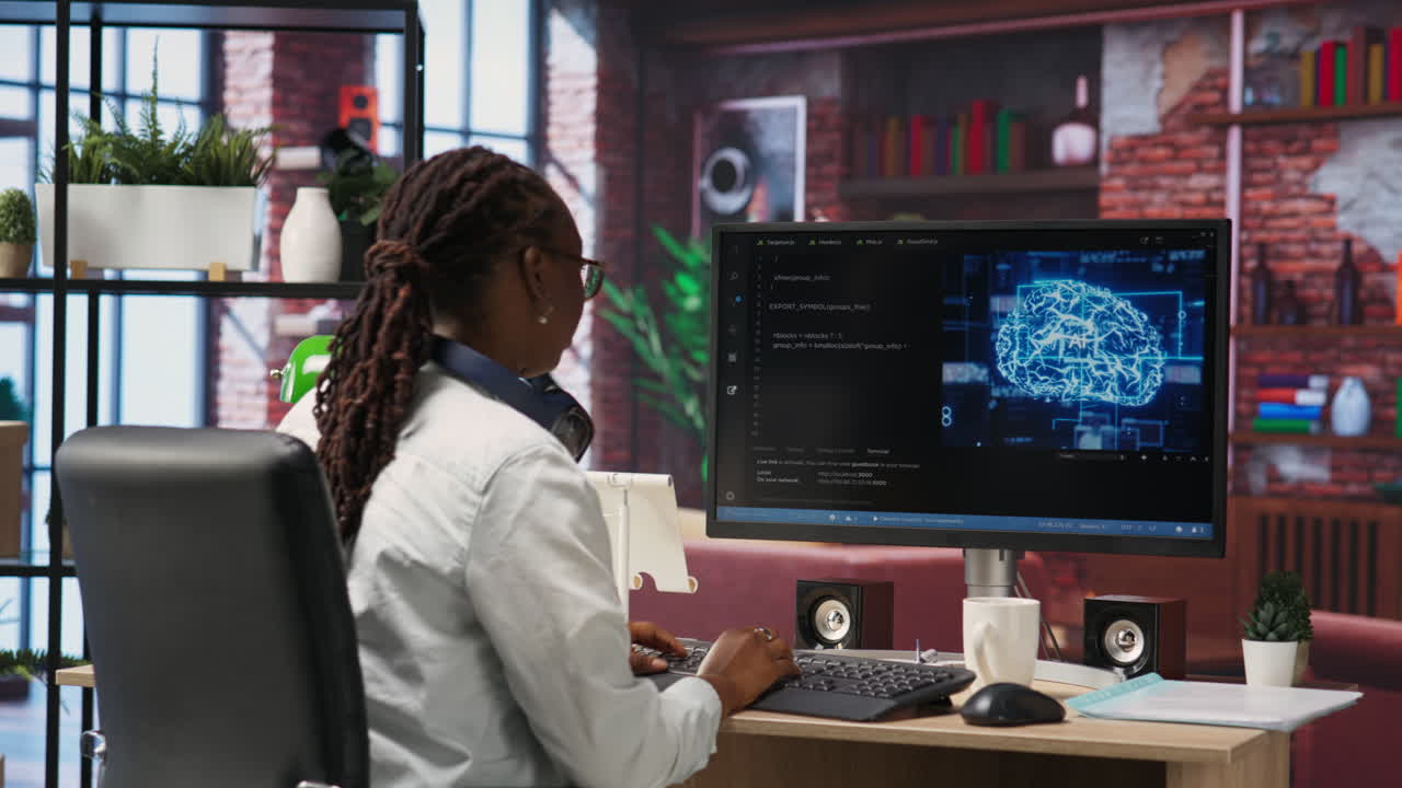 Woman works with AI deep neural networks on PC at home