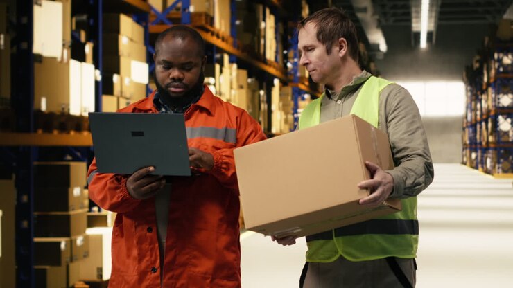 Multietniske medarbejdere sorterer papkasser på et industrielt lager.
