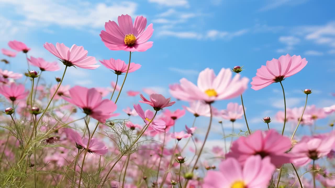 Vista en ángulo bajo de flores rosas contra un cielo azul, perfecta para un video de naturaleza serena.