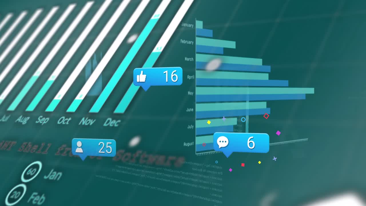 Animation of social media icons and statistical data processing against blue background