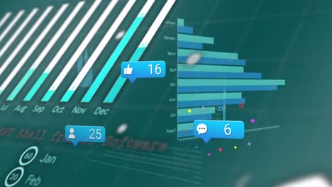 Animation-Von-Social-Media-Symbolen-Und-Statistische-Datenverarbeitung-Vor-Blauem-Hintergrund
