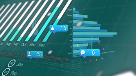 animación de iconos de redes sociales y procesamiento de datos estadísticos contra un fondo azul