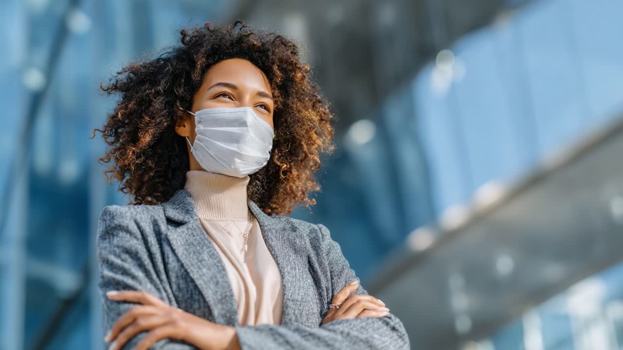 Uma jovem mulher confiante de máscara está com os braços cruzados, exalando empoderamento e resiliência em um ambiente urbano moderno sob a luz do dia.