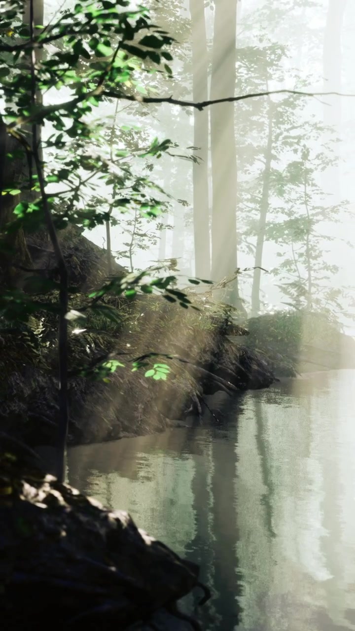La luce del sole filtra attraverso gli alberi vicino a un fiume in una foresta al mattino