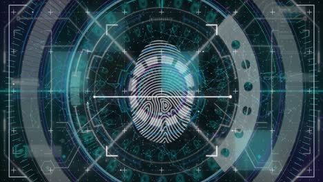 Biometric-thumbprint-against-scope-scanner-with-data-processing-on-blue-background