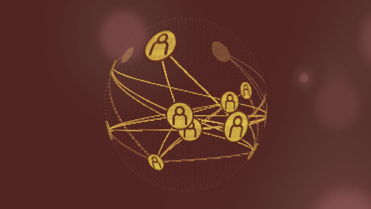 Animation of network of profile icons over a globe against spots of light on grey background