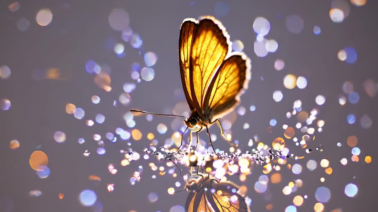 Video ravvicinato di una farfalla con ali retroilluminate, circondata da luci bokeh, creando un'atmosfera sognante.