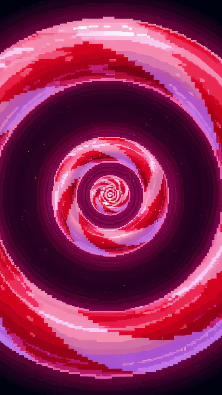 Video verticale: loop iniziale che crea anelli a spirale di caramelle che girano, pulsano, formando un tunnel nel vuoto