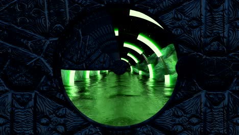 stone gate opens panoramic view to the alien landscape scene. 3d abstract background of sci-fi corridor. futuristic technology vj for tech titles and background.