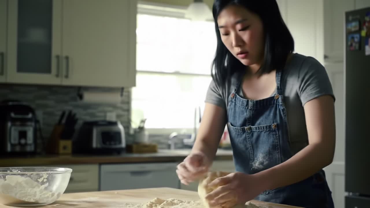 A Young Baker Kneads Dough in a Bright Kitchen, Perfecting the Art of Cooking with Flour and Passion for Homemade Treats