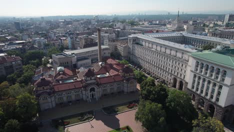 panoramic aerial drone of political government buildings and museums in sofia, bulgaria