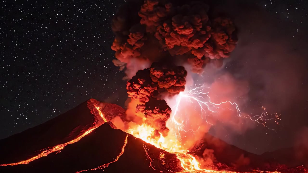 溶岩流、火山灰の雲、そして星空が織りなす、夜の壮大な火山噴火。自然の力と美しさを息をのむような光景で表現。