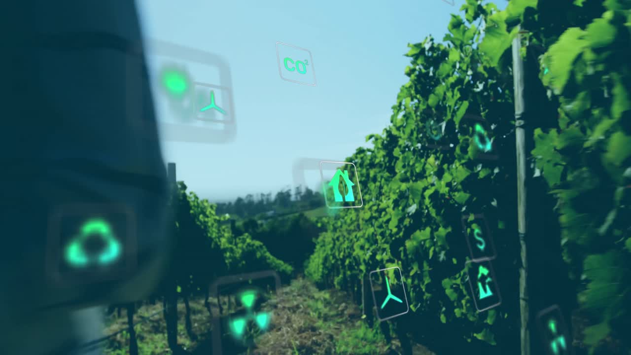 와인 병을 들고 있는 백인 여성 위에 생태학 아이콘의 애니메이션