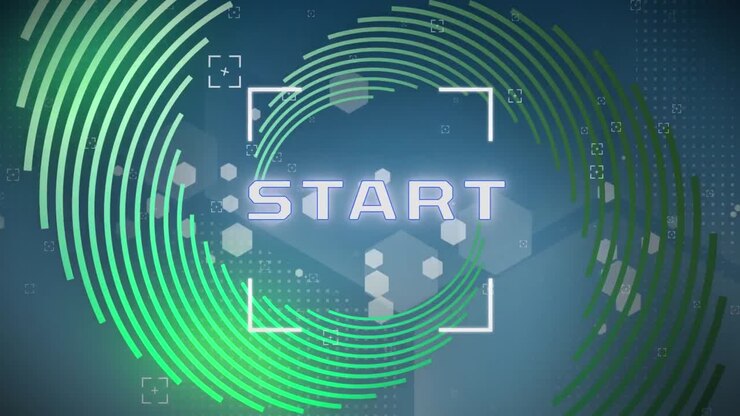Animation of start text in white letters over green and blue abstract background
