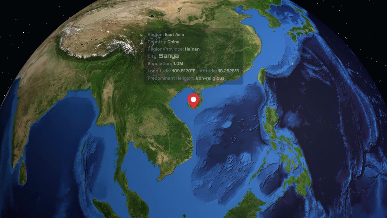 Digital animation zooms from a rotating Earth in space to Sanya city in Hainan China