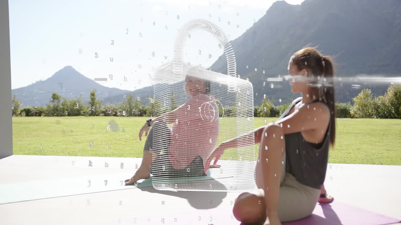 Two fitness partners practicing seated stretch on patio, padlock overlay appearing securing privacy