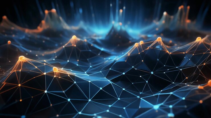 Paesaggio di rete digitale astratto con nodi e connessioni luminosi