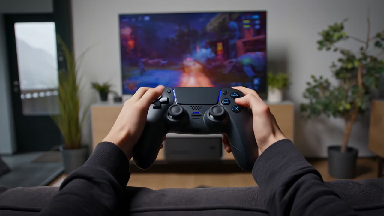 Person playing a video game on a console with a controller