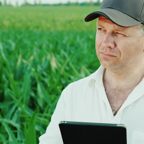 serious middle-aged farmer working on a field of corn 1