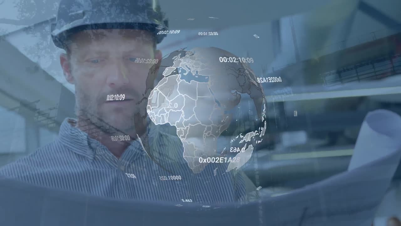 Animation of globe with data processing over caucasian businessman looking at plans
