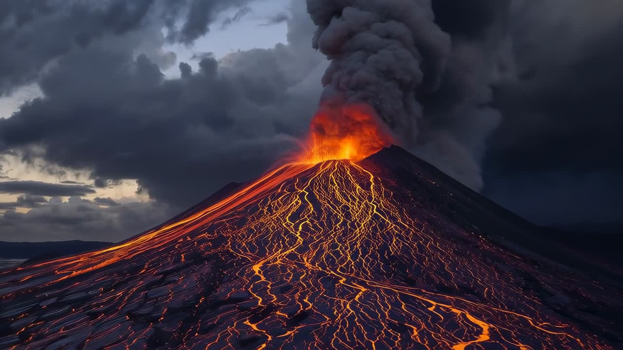 Erupting magma rush, cone shooting lava fountain sending lava and ash into storm clouds at dusk