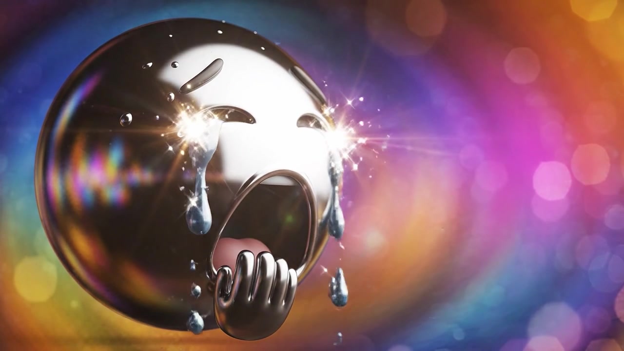 Una rappresentazione suggestiva di un'emoticon che piange, che mostra emozioni profonde attraverso texture lucide e colori vivaci, simboleggiando tristezza e disperazione in formato digitale