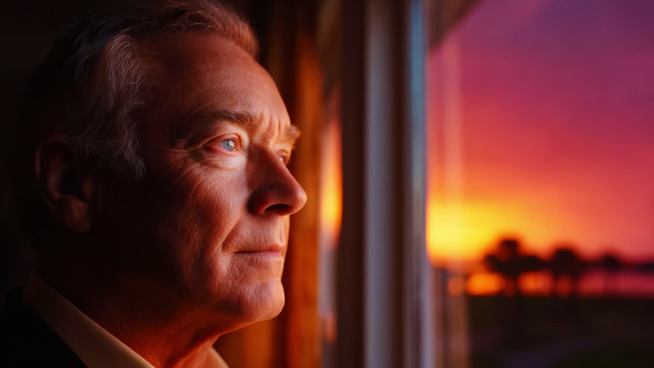 Momento di riflessione: un uomo pensieroso guarda fuori dalla finestra un bellissimo tramonto, contemplando la vita, i sogni e le connessioni, mentre i colori del crepuscolo illuminano la scena, evocando un senso di pace e nostalgia