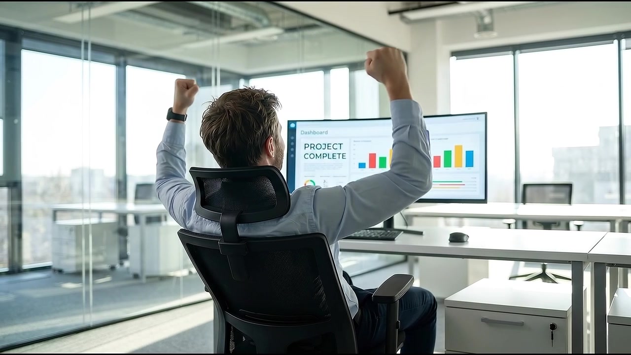 Forretningsmand fejrer projektsucces på moderne kontor