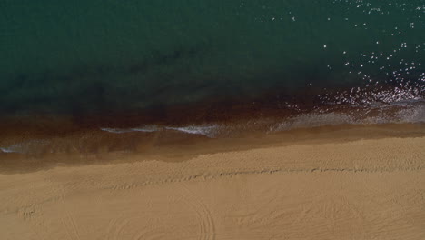 aerial sandy beach view with calm blue sea waves breaking on peaceful seashore.