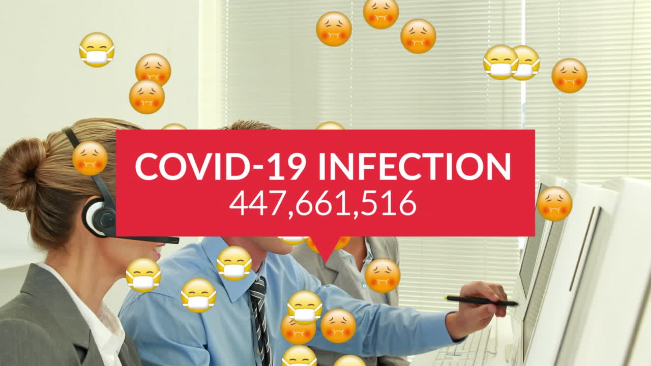 Animation of emoji with face masks falling over business people wearing phone headsets