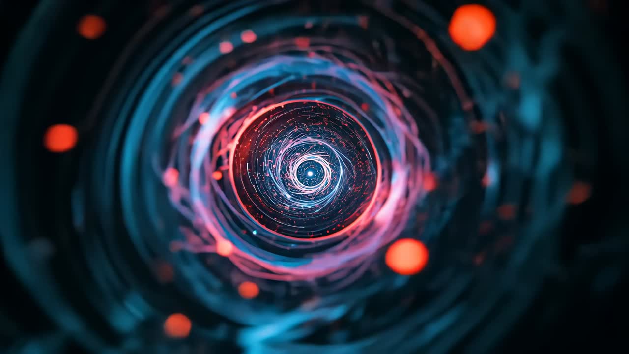 Energy tunnel moving through void at sequence start, with rotating rings and drifting particles