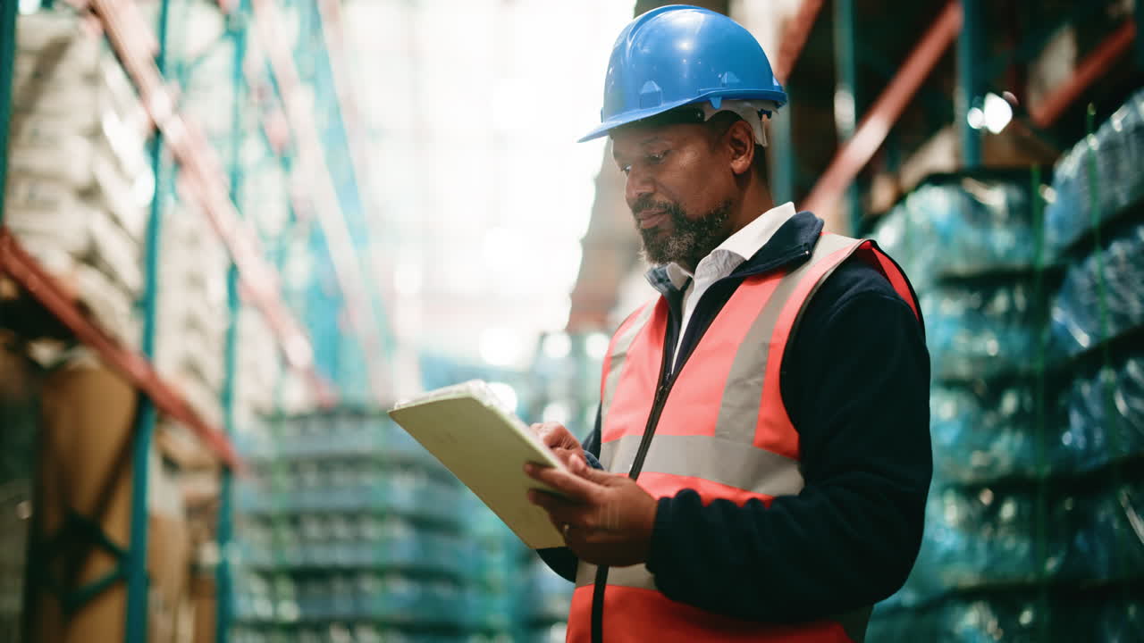 Operaio di magazzino che usa un tablet digitale per il controllo dell'inventario