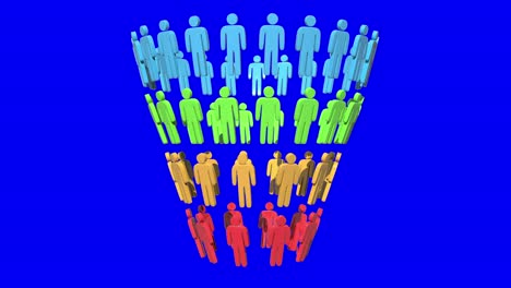 marketing funnel sales diagram with people. 3d render isolated on blue screen chroma key background. conversion funnel sale chart. concept of funnel and sales.