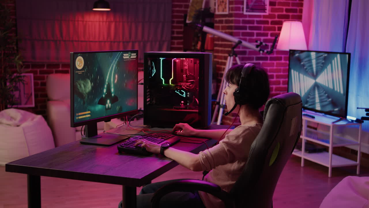 Woman relaxing and streaming on internet fast paced space shooter simulation gameplay