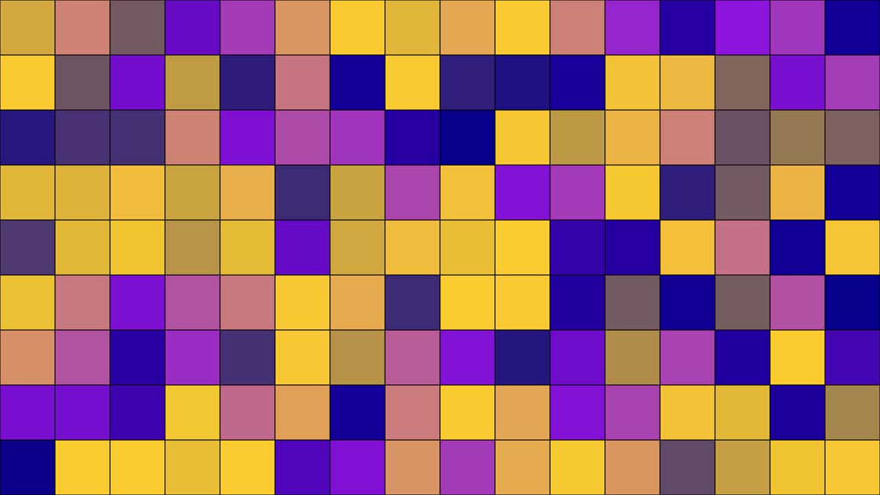Colorful pulsating geometric mosaic grid, abstract square pattern, yellow and purple tiles, modern digital art background