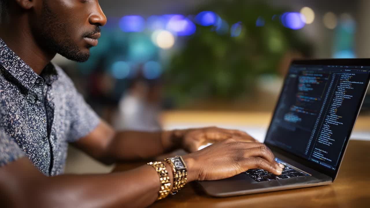 Focused Programmer Coding at Laptop in Modern Workspace: Capturing the Essence of Technology and Creativity Through Hands-on Development in a Collaborative Environment