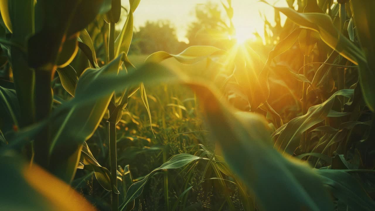 Low-angle video shot of a sunlit cornfield, capturing the vibrant green leaves and golden sunlight