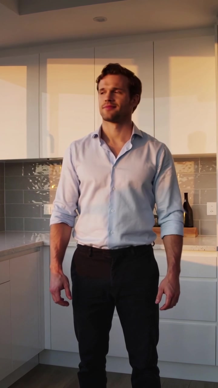 Video verticale: La telecamera si avvicina mentre un uomo in camicia gira la testa e sorride vicino al lavello in cucina.