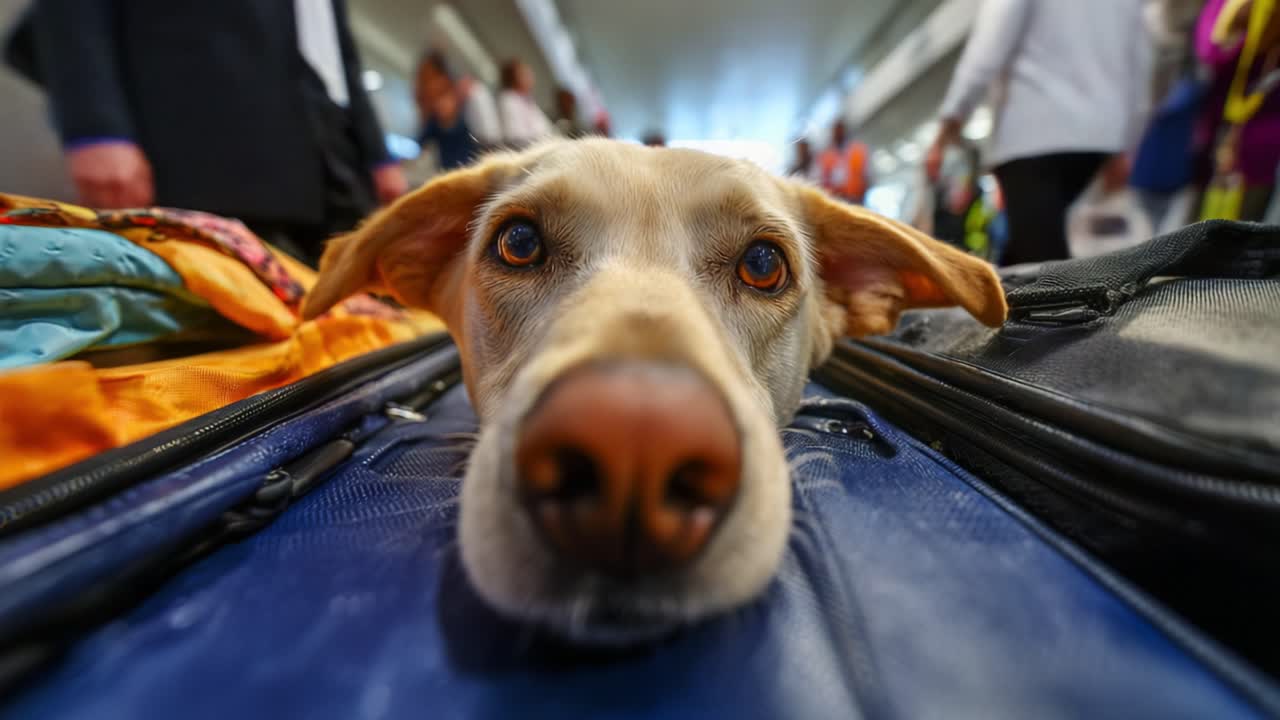 A Relaxed Dog Resting on Luggage at an Airport, Showcasing Its Expressive Face and Friendly Eyes in a Bustling Travel Environment, Inviting Smiles from Passersby