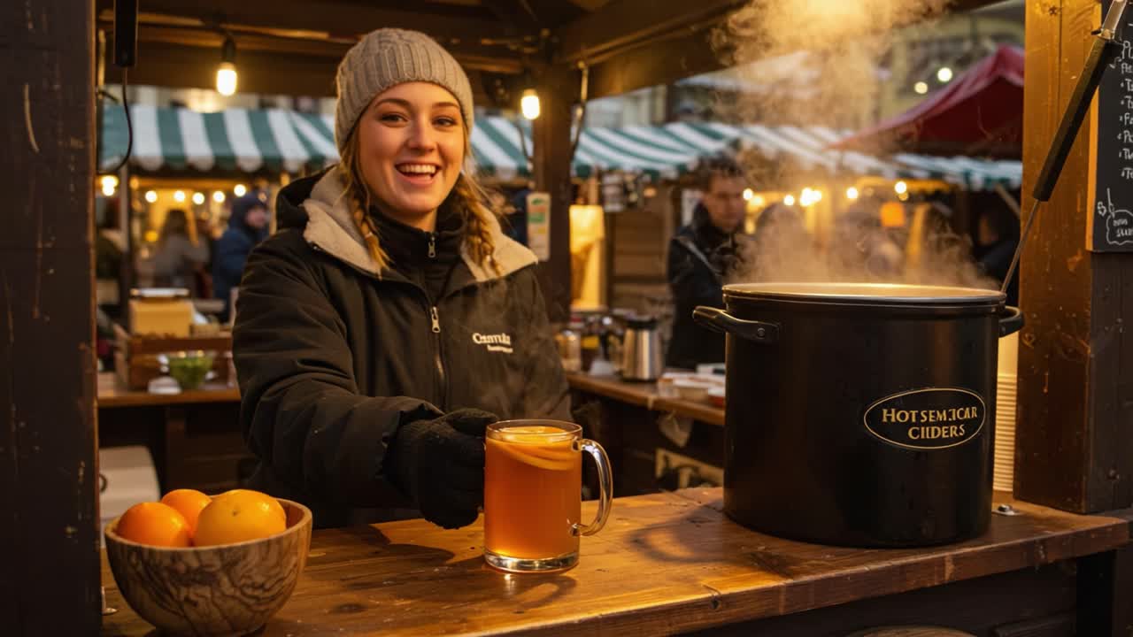Cheerful vendor serving steaming cider at a vibrant market, showcasing warm beverages and fresh produce during a bustling outdoor event