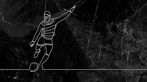 line drawing animation of soccer player kicking ball over textured black background