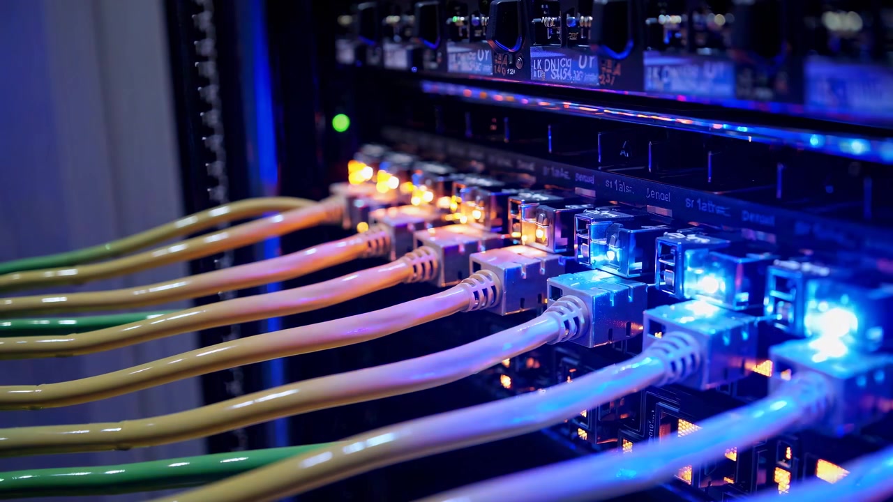 Ethernet Cables Connected to Network Switch with Blinking Lights