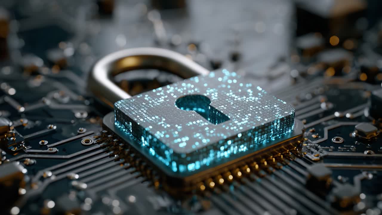 A Stunning Digital Padlock Symbolizing Cybersecurity on a Complex Circuit Board, Representing the Future of Data Protection and Technology Innovation