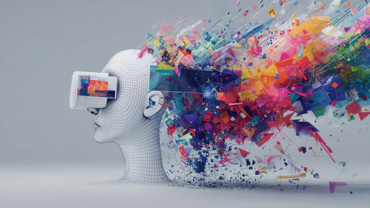 Exploring the Boundaries of Reality: A Conceptual Representation of Virtual Reality, Where 3D Shapes, Vivid Colors, and Abstract Patterns Emerge from a Human-Like Figure Wearing a VR Headset