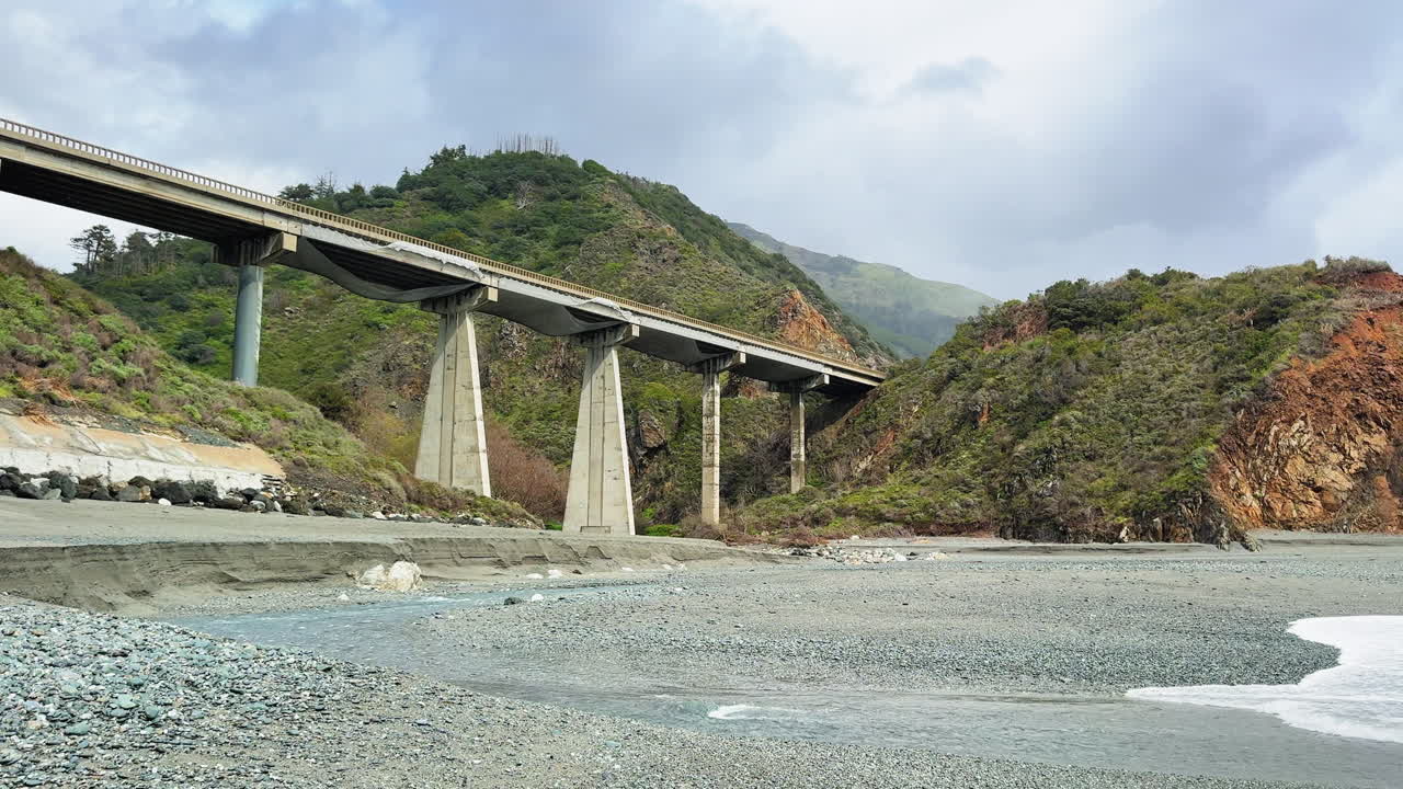 Rotating view over Big Sur bridge, mountains, pebble beach and crashing waves at Limekiln SP - California - USA