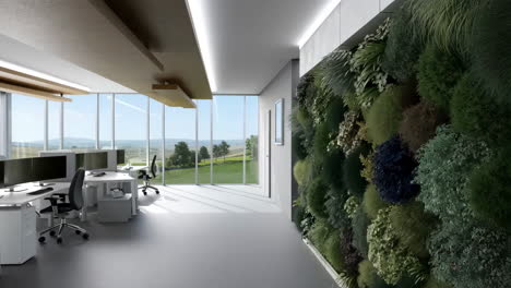 modern open-plan office with living green wall and scenic landscape view