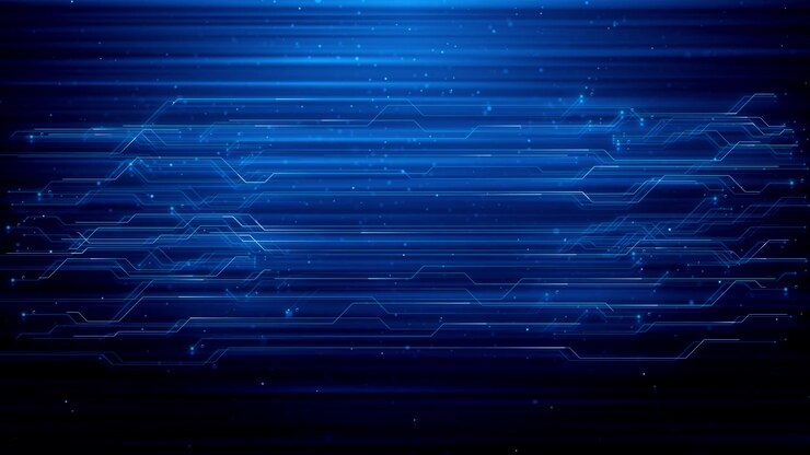 Immagine di circuito elettronico veloce con percorsi dati blu, nodi di connessione luminosi e motion blur.