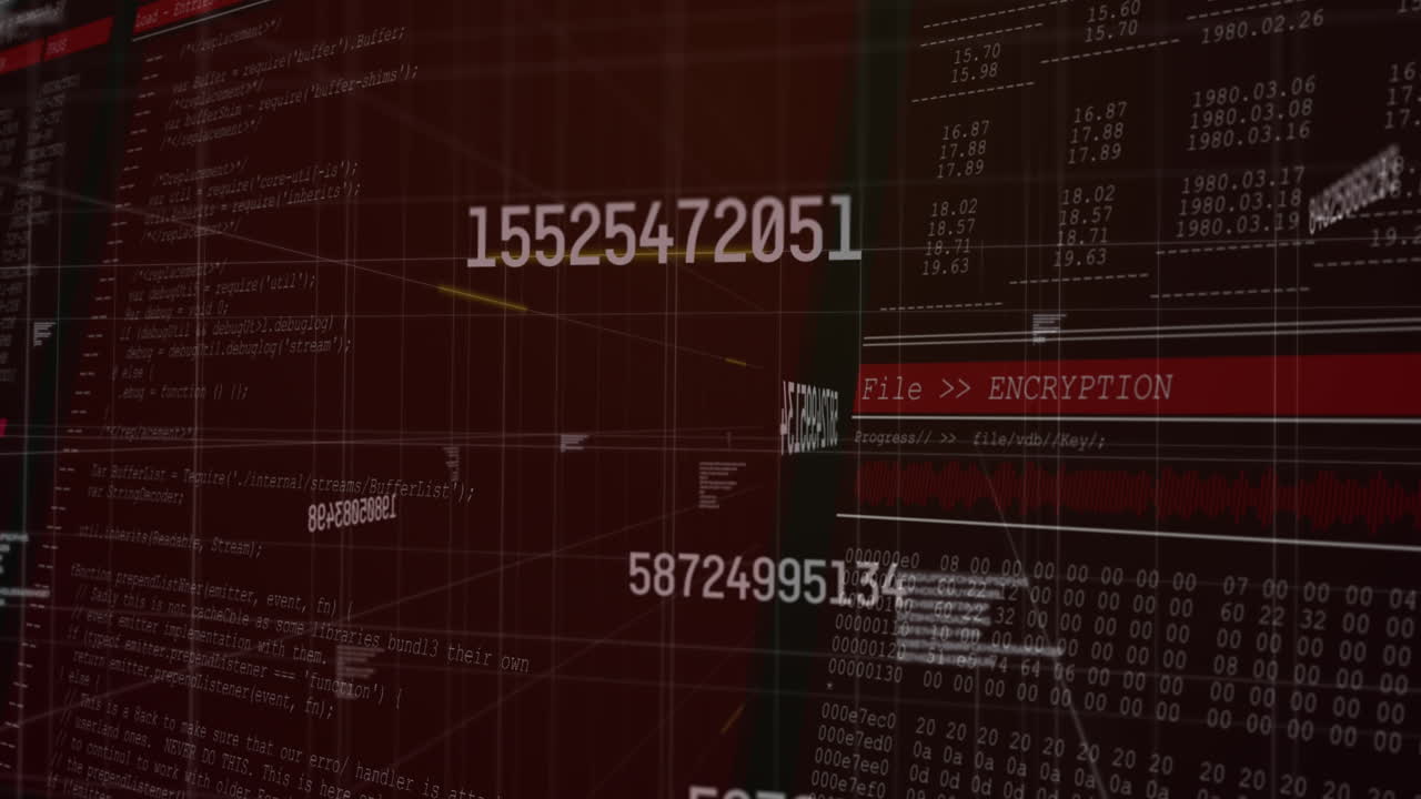 animación de números que cambian y procesamiento de datos en pantallas sobre la cuadrícula en segundo plano